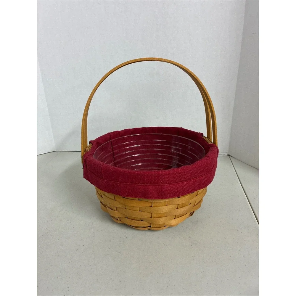 Longaberger 2009 Handmade Round Basket Red Liner Plastic Protector Swing Handle